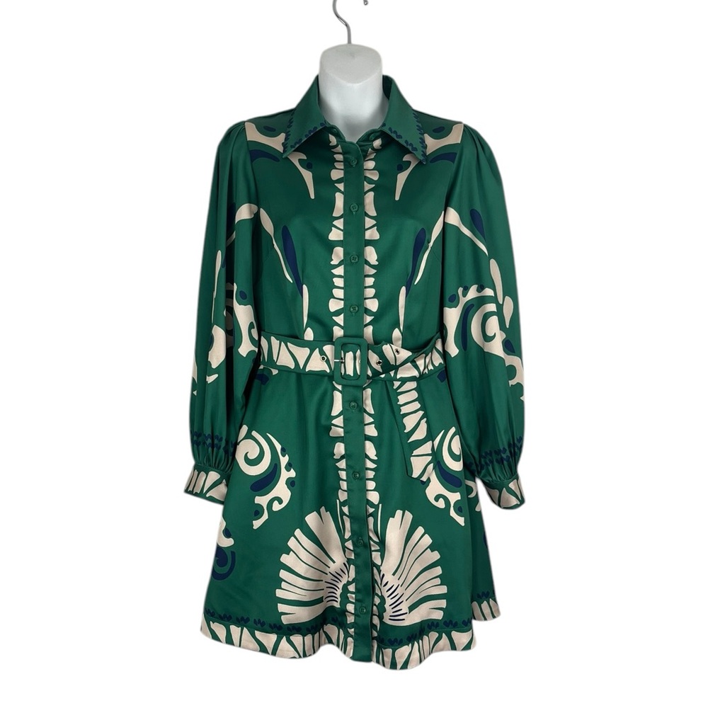 Ciebon Green Print Belted Boho Retro Mini Shirt Dress Size XS